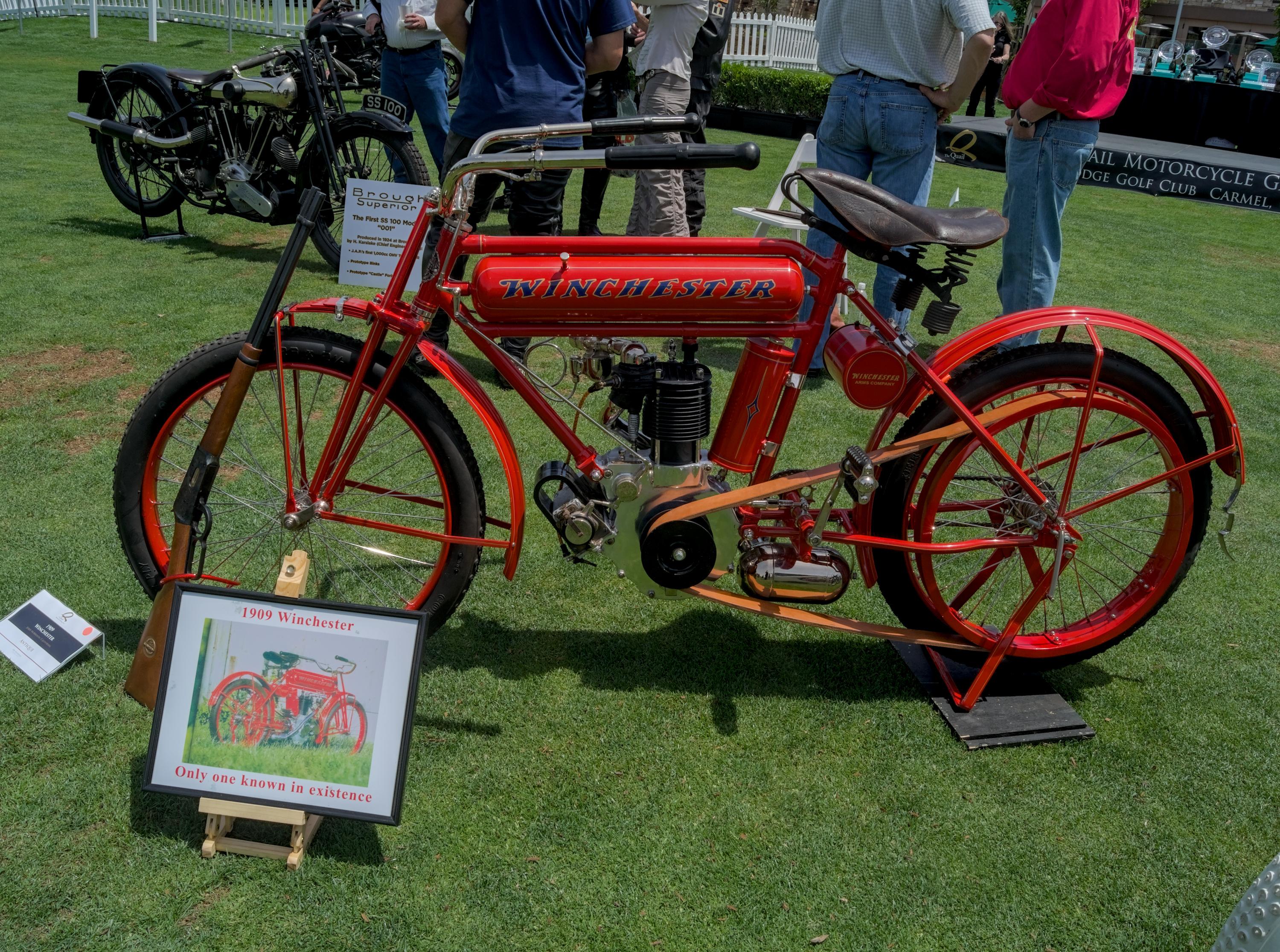Red Winchester motorcycle on display